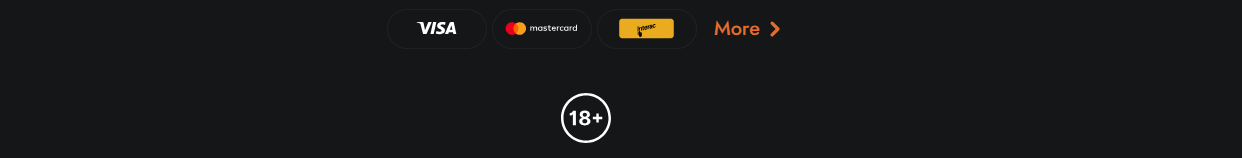 Casino footer with Visa, Mastercard, and Jeton payment options, a “More” link, and an 18+ age restriction badge on a dark background.