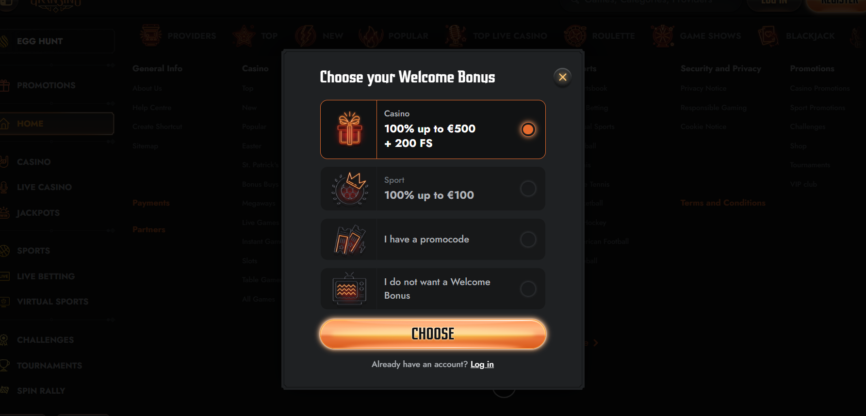 Casino welcome bonus selection popup offering 100% up to €500 + 200 free spins, sports bonus option, promo code entry, and no-bonus choice for new players.