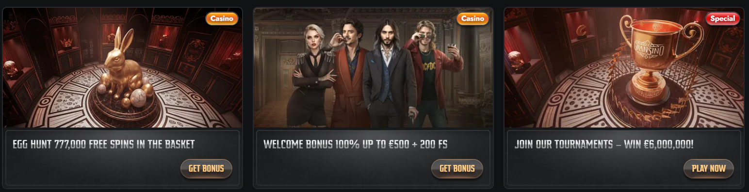 Casino promotion cards featuring Egg Hunt with 777,000 free spins, a welcome bonus of 100% up to €500 + 200 free spins, and tournaments with prizes up to €6,000,000.